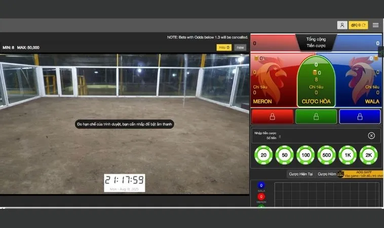 Giao diện đặt cược đá gà 999BET