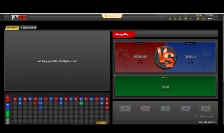 Giao diện đặt cược Đá Gà WS168 Tại 999Bet