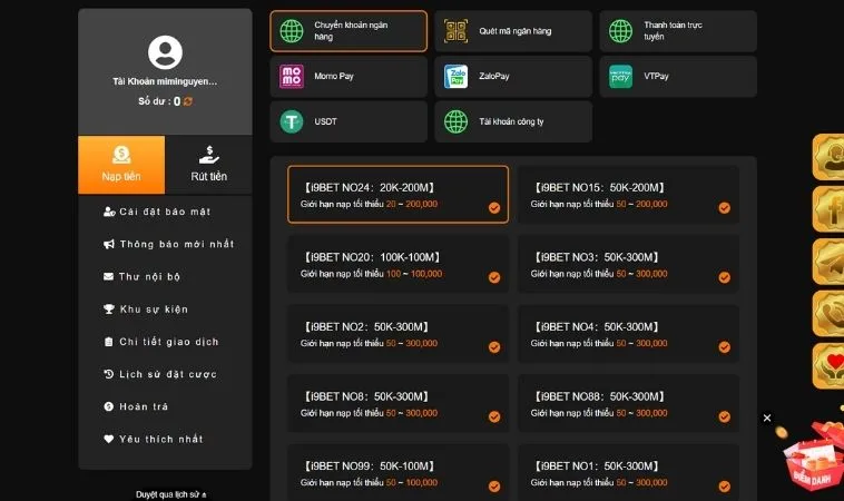 Các phương thức nạp tiền 999Bet