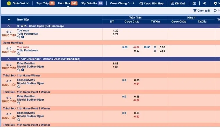 Giao diện đặt cược kèo quần vợt 999Bet