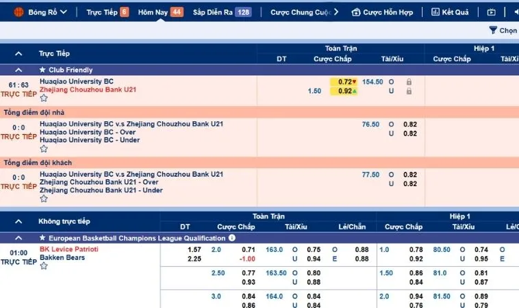 Giao diện đặt cược kèo bóng rổ 999Bet